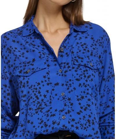 Women's Star-Print Button-Front High-Low Top Deep Cobalt Black $29.27 Tops