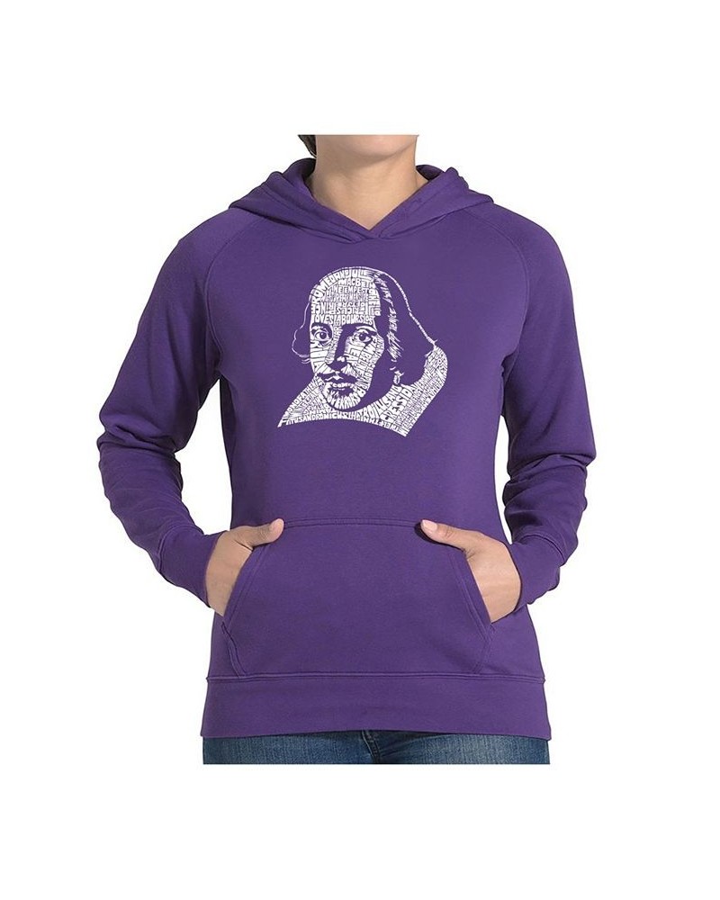 Women's Word Art Hooded Sweatshirt -The Titles Of All Of William Shakespeare's Comedies & Tragedies Purple $27.00 Sweatshirts