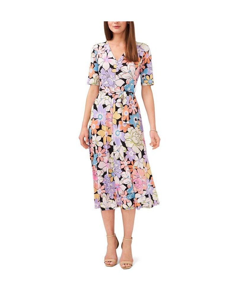 Women's Floral-Print Tie-Waist Midi Dress Black/bright $22.87 Dresses