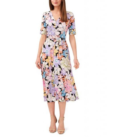 Women's Floral-Print Tie-Waist Midi Dress Black/bright $22.87 Dresses