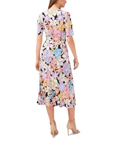 Women's Floral-Print Tie-Waist Midi Dress Black/bright $22.87 Dresses