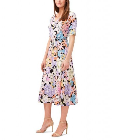 Women's Floral-Print Tie-Waist Midi Dress Black/bright $22.87 Dresses