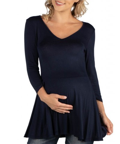 Three Quarter Sleeve V-Neck Maternity Tunic Top Navy $16.55 Tops