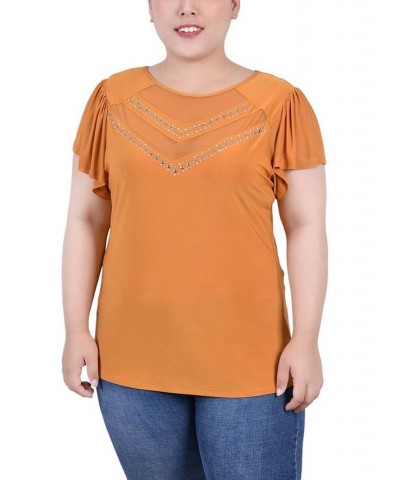 Plus Size Studded Short Flutter Sleeve Top with Mesh Details Inca Gold $12.97 Tops