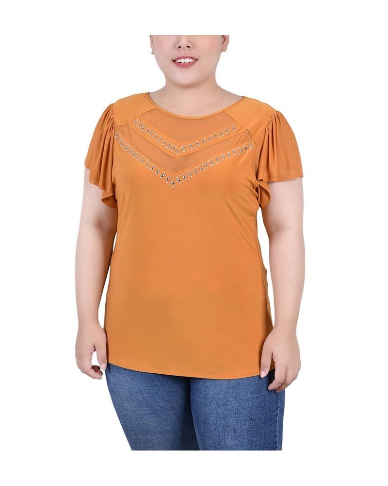 Plus Size Studded Short Flutter Sleeve Top with Mesh Details Inca Gold $12.97 Tops