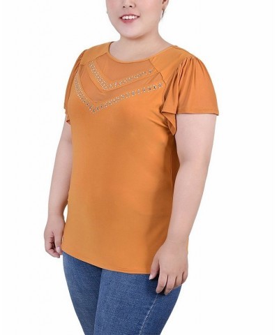 Plus Size Studded Short Flutter Sleeve Top with Mesh Details Inca Gold $12.97 Tops