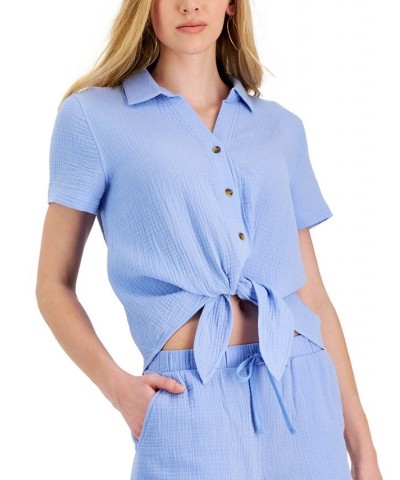 Juniors' Button-Down Tie-Hem Cotton Top Blue $18.00 Tops