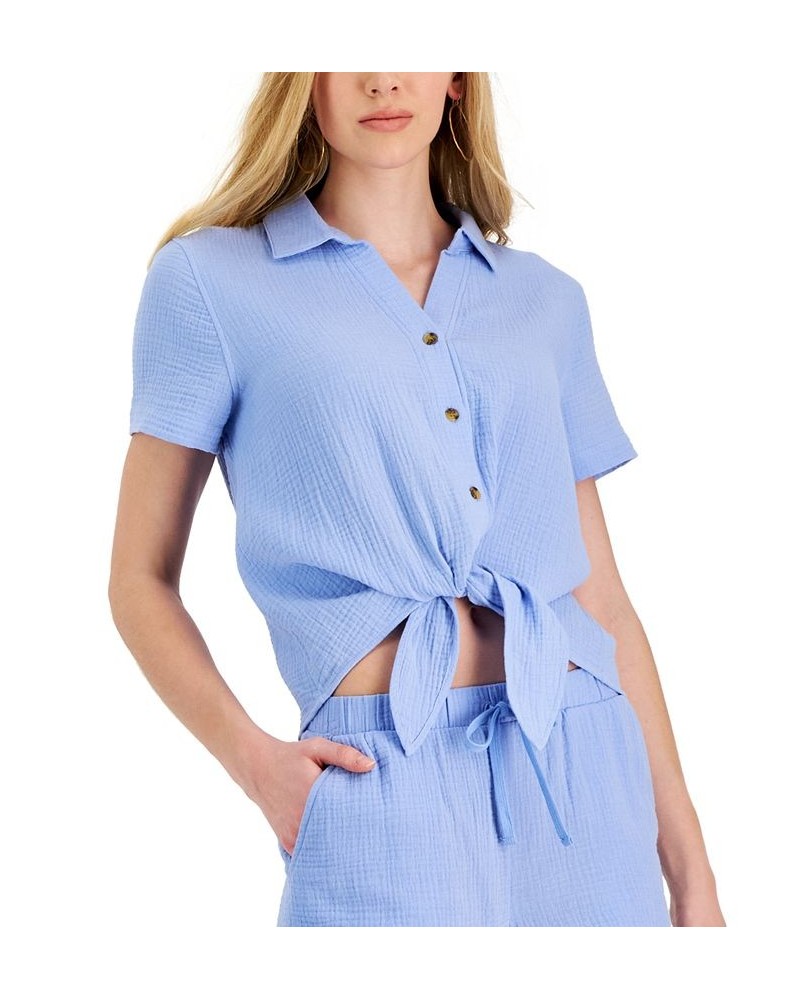 Juniors' Button-Down Tie-Hem Cotton Top Blue $18.00 Tops