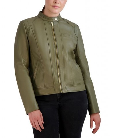 Women's Stand-Collar Leather Moto Coat Green $102.30 Coats