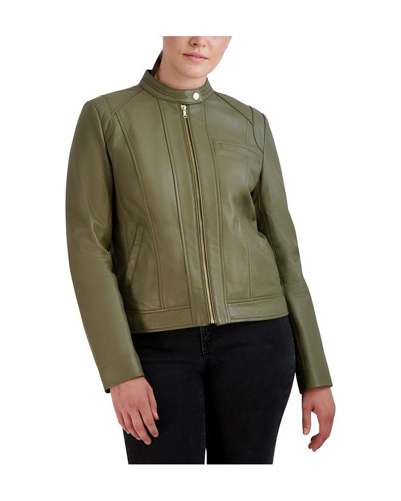 Women's Stand-Collar Leather Moto Coat Green $102.30 Coats