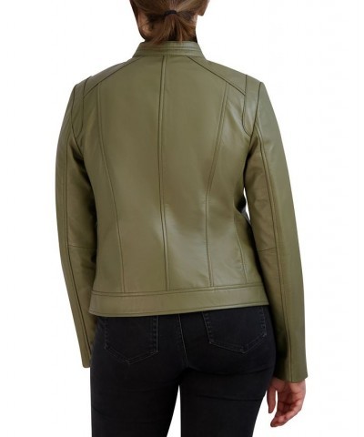 Women's Stand-Collar Leather Moto Coat Green $102.30 Coats