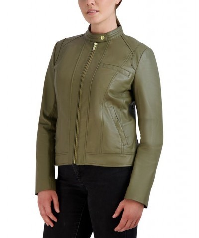 Women's Stand-Collar Leather Moto Coat Green $102.30 Coats