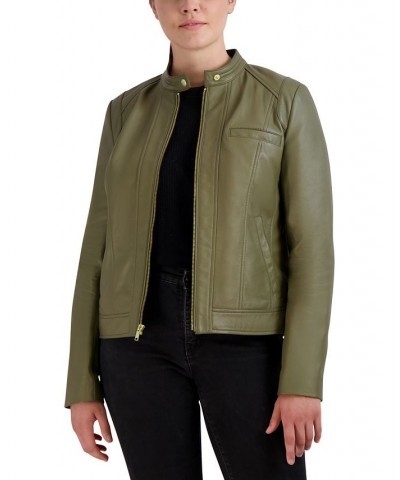 Women's Stand-Collar Leather Moto Coat Green $102.30 Coats