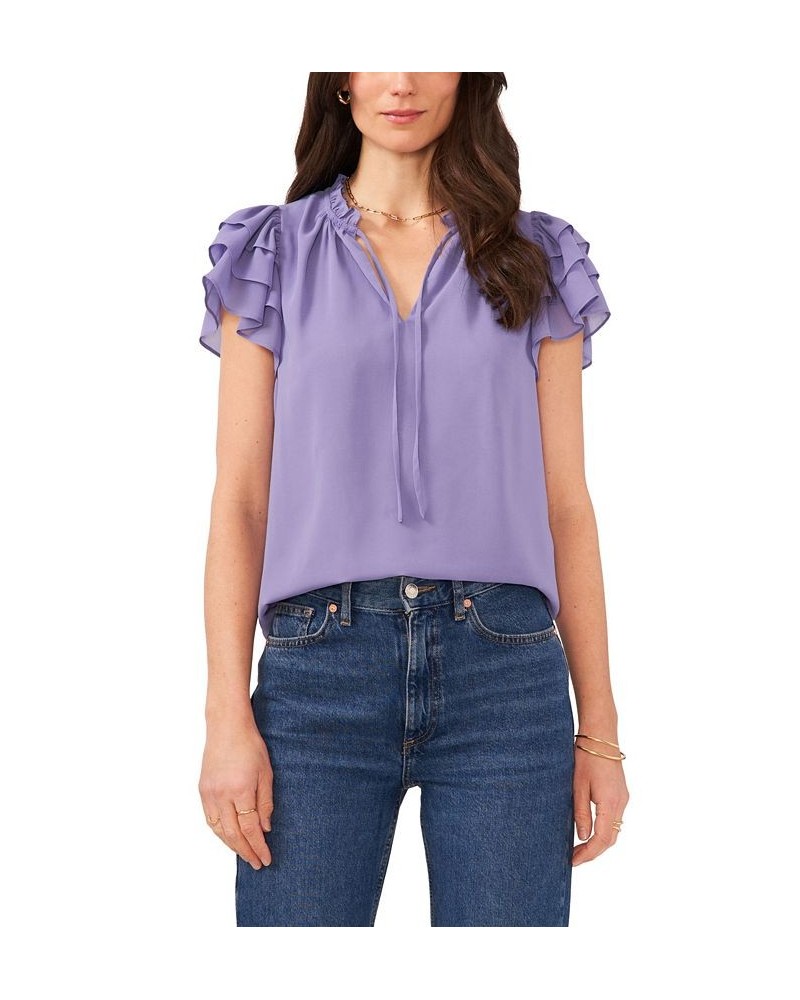 Women's Flutter Sleeve V-Neck Top with Tie Purple $30.69 Tops