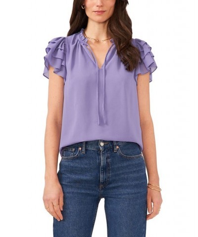 Women's Flutter Sleeve V-Neck Top with Tie Purple $30.69 Tops