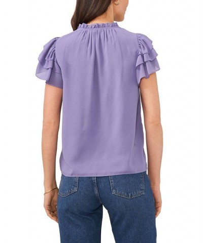 Women's Flutter Sleeve V-Neck Top with Tie Purple $30.69 Tops