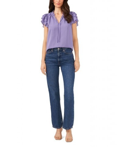 Women's Flutter Sleeve V-Neck Top with Tie Purple $30.69 Tops