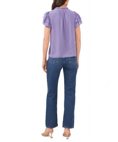 Women's Flutter Sleeve V-Neck Top with Tie Purple $30.69 Tops