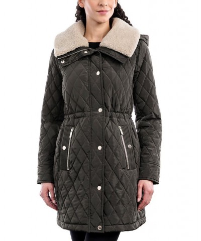 Women's Hooded Faux-Fur-Trim Quilted Coat Dark Moss $65.10 Coats