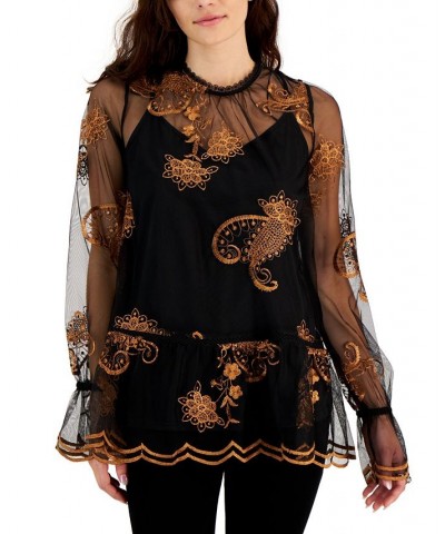 Women's Printed-Embroidered-Mesh Long-Sleeve Top Pink $15.15 Tops