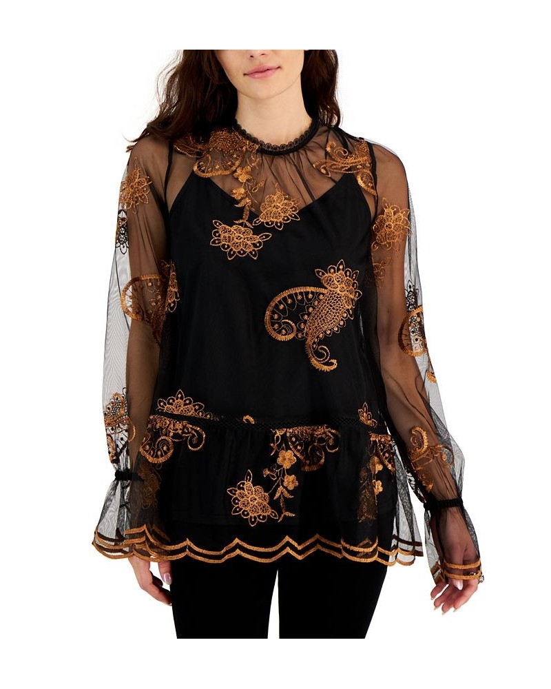 Women's Printed-Embroidered-Mesh Long-Sleeve Top Pink $15.15 Tops