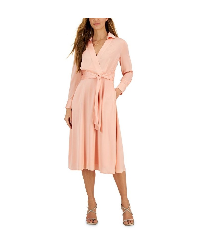 Hammered Satin Faux-Wrap Midi Shirtdress Orange $46.19 Dresses