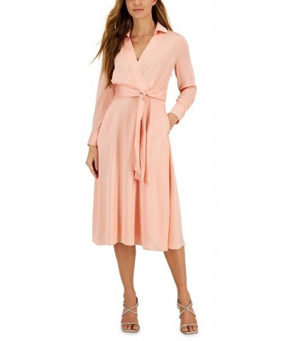 Hammered Satin Faux-Wrap Midi Shirtdress Orange $46.19 Dresses