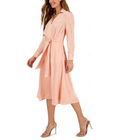 Hammered Satin Faux-Wrap Midi Shirtdress Orange $46.19 Dresses