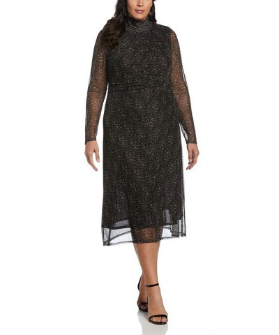Plus Size Mock Neck Mesh Long Sleeve Midi Dress Black $50.66 Dresses