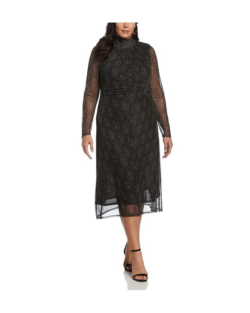 Plus Size Mock Neck Mesh Long Sleeve Midi Dress Black $50.66 Dresses