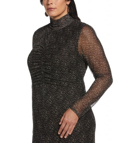 Plus Size Mock Neck Mesh Long Sleeve Midi Dress Black $50.66 Dresses