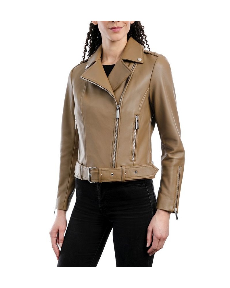 Women's Belted Leather Moto Coat Tan/Beige $144.30 Coats