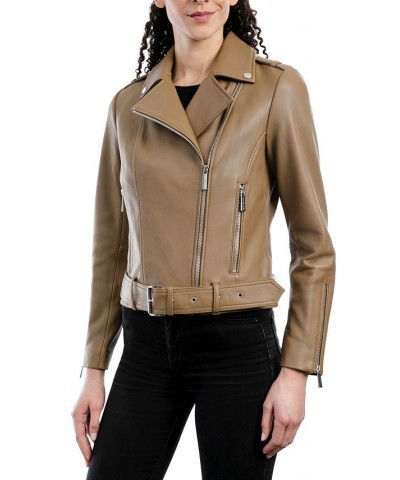 Women's Belted Leather Moto Coat Tan/Beige $144.30 Coats