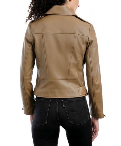 Women's Belted Leather Moto Coat Tan/Beige $144.30 Coats