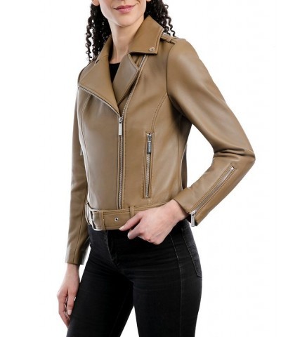 Women's Belted Leather Moto Coat Tan/Beige $144.30 Coats