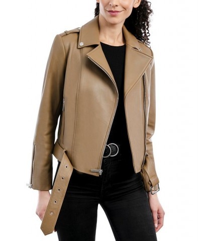 Women's Belted Leather Moto Coat Tan/Beige $144.30 Coats