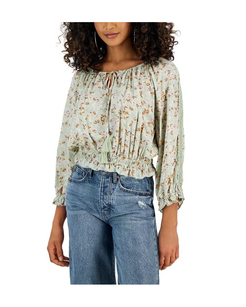 Juniors' Printed Smocked Tassel-Detail Peasant Top Green $12.90 Tops