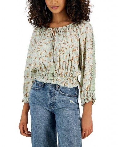 Juniors' Printed Smocked Tassel-Detail Peasant Top Green $12.90 Tops