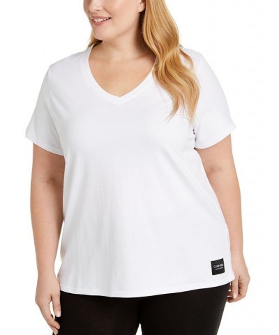 Plus Size Logo Patch V-Neck T-Shirt White $13.37 Tops