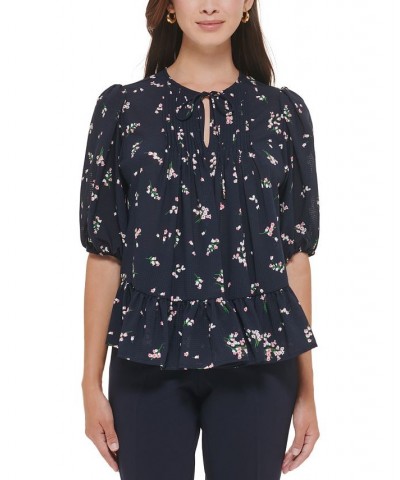 Women's Floral-Print Puff-Sleeve Tie-Neck Peplum Blouse Midnight/ Engish Rose $37.92 Tops