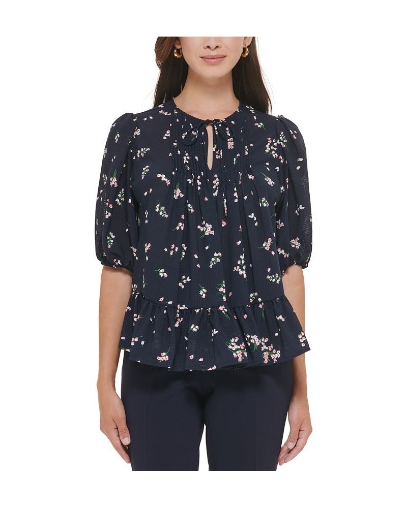 Women's Floral-Print Puff-Sleeve Tie-Neck Peplum Blouse Midnight/ Engish Rose $37.92 Tops