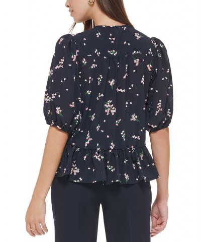 Women's Floral-Print Puff-Sleeve Tie-Neck Peplum Blouse Midnight/ Engish Rose $37.92 Tops