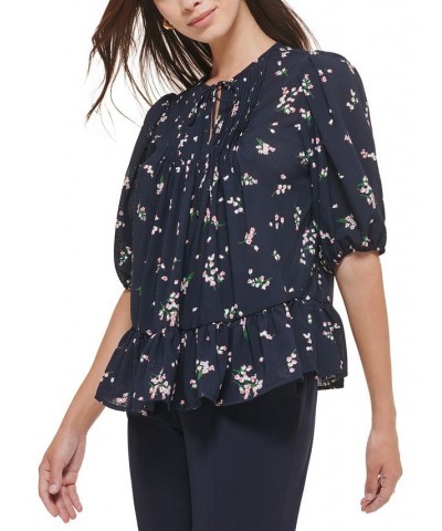 Women's Floral-Print Puff-Sleeve Tie-Neck Peplum Blouse Midnight/ Engish Rose $37.92 Tops