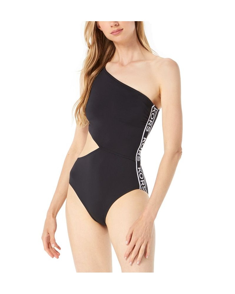 Women's Side-Logo Cut-Out One-Shoulder One-Piece Swimsuit Black $38.40 Swimsuits