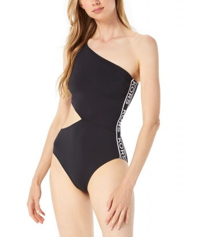 Women's Side-Logo Cut-Out One-Shoulder One-Piece Swimsuit Black $38.40 Swimsuits