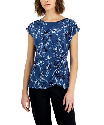 Women's Printed Crewneck Short-Sleeve Side-Knot Top Blue Abstract Floral $13.90 Tops
