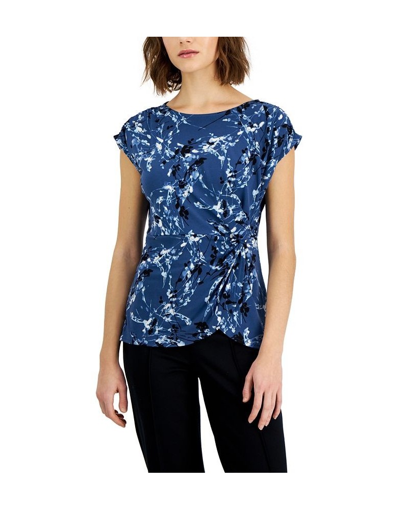 Women's Printed Crewneck Short-Sleeve Side-Knot Top Blue Abstract Floral $13.90 Tops