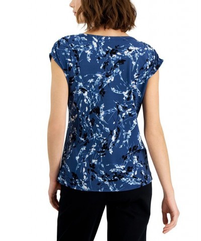 Women's Printed Crewneck Short-Sleeve Side-Knot Top Blue Abstract Floral $13.90 Tops