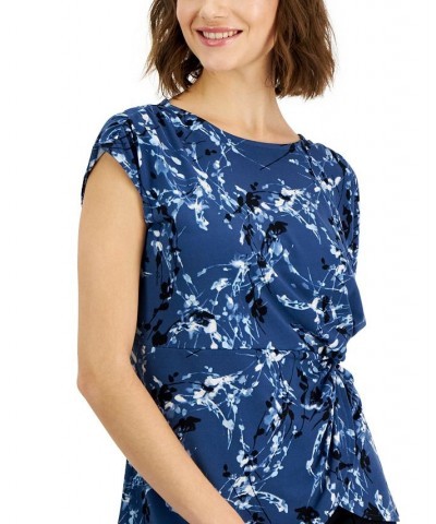 Women's Printed Crewneck Short-Sleeve Side-Knot Top Blue Abstract Floral $13.90 Tops