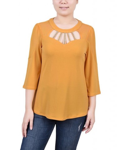 Petite 3/4 Sleeve Top with Neckline Cutouts and Stones Gold $15.44 Tops